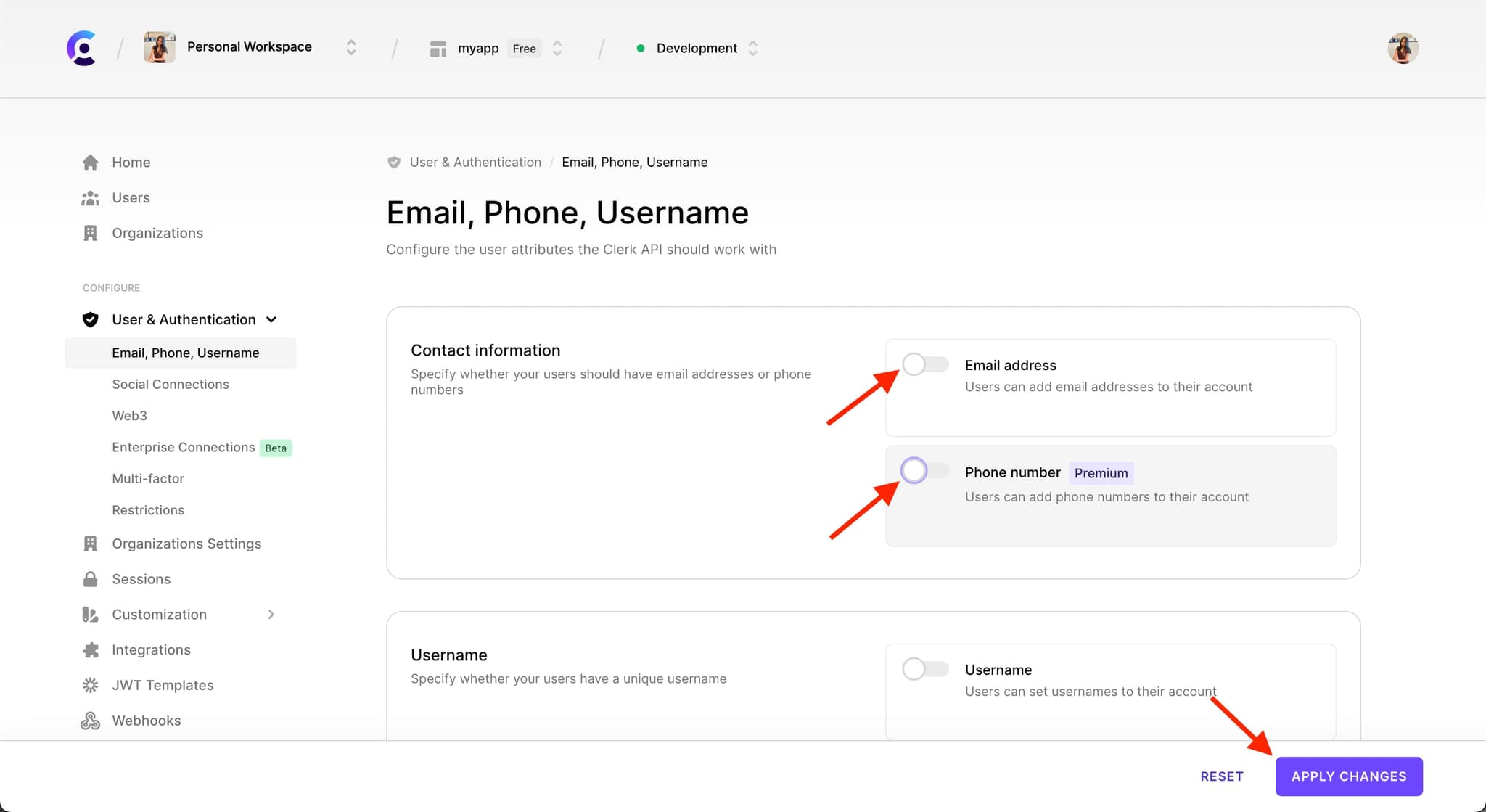 The 'Email, Phone, Username' tab with a red arrow pointing to the toggle next to 'Email address' and 'Phone number', both toggled off. There is also a red arrow pointing to the 'Apply changes' button.