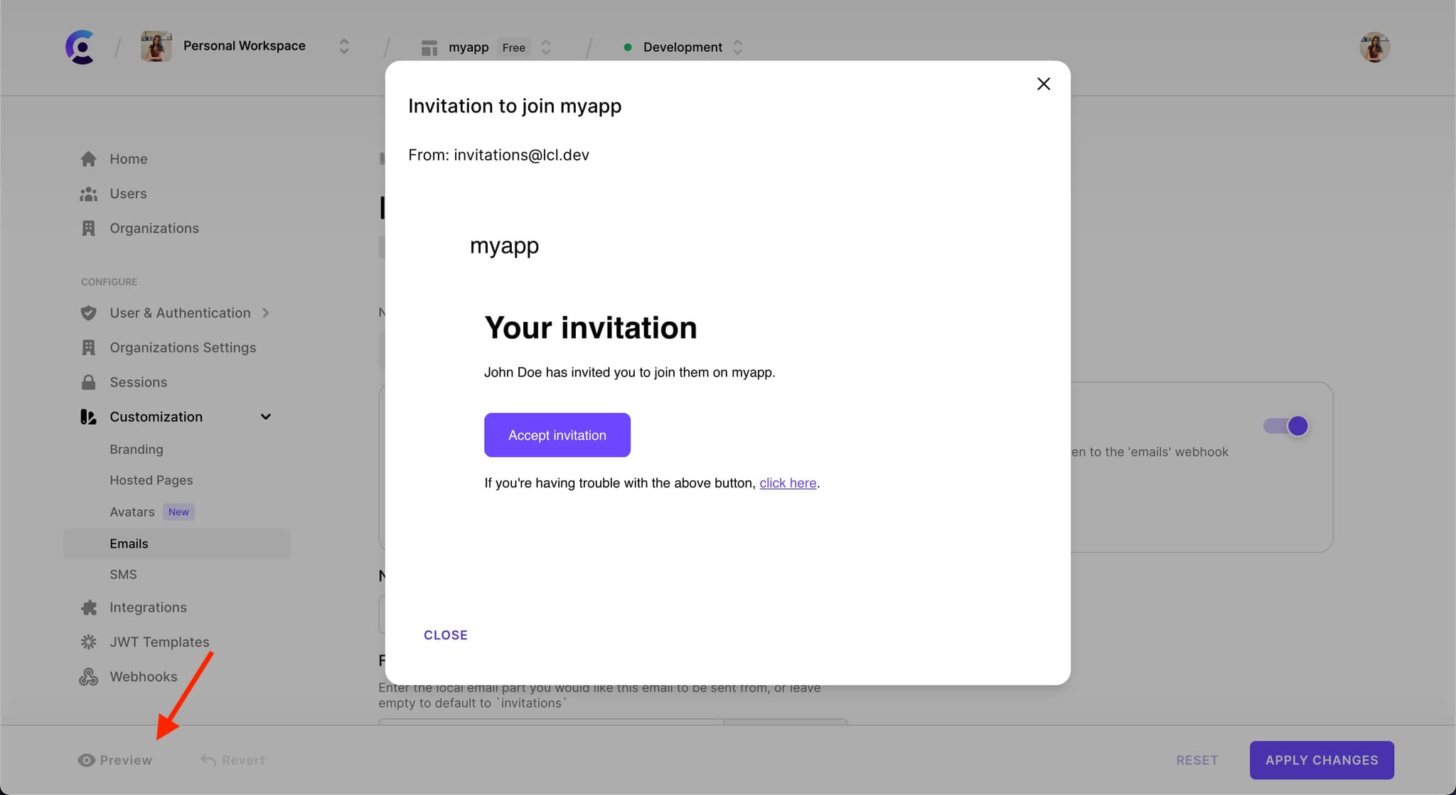 A preview of the default 'Invitation' email template. A red arrow points to the 'Preview' button.