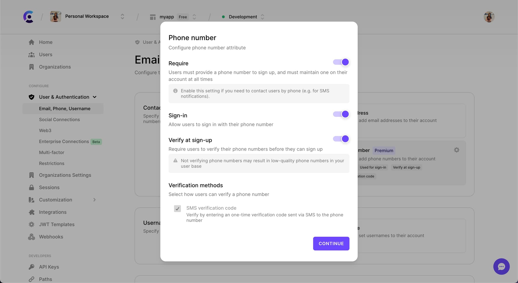 The 'Phone number' configuration settings with all options toggled on.