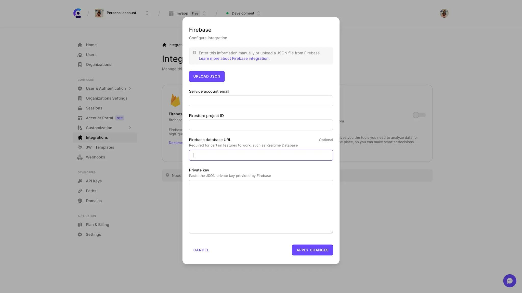 The Firebase configuration form in the Clerk Dashboard.