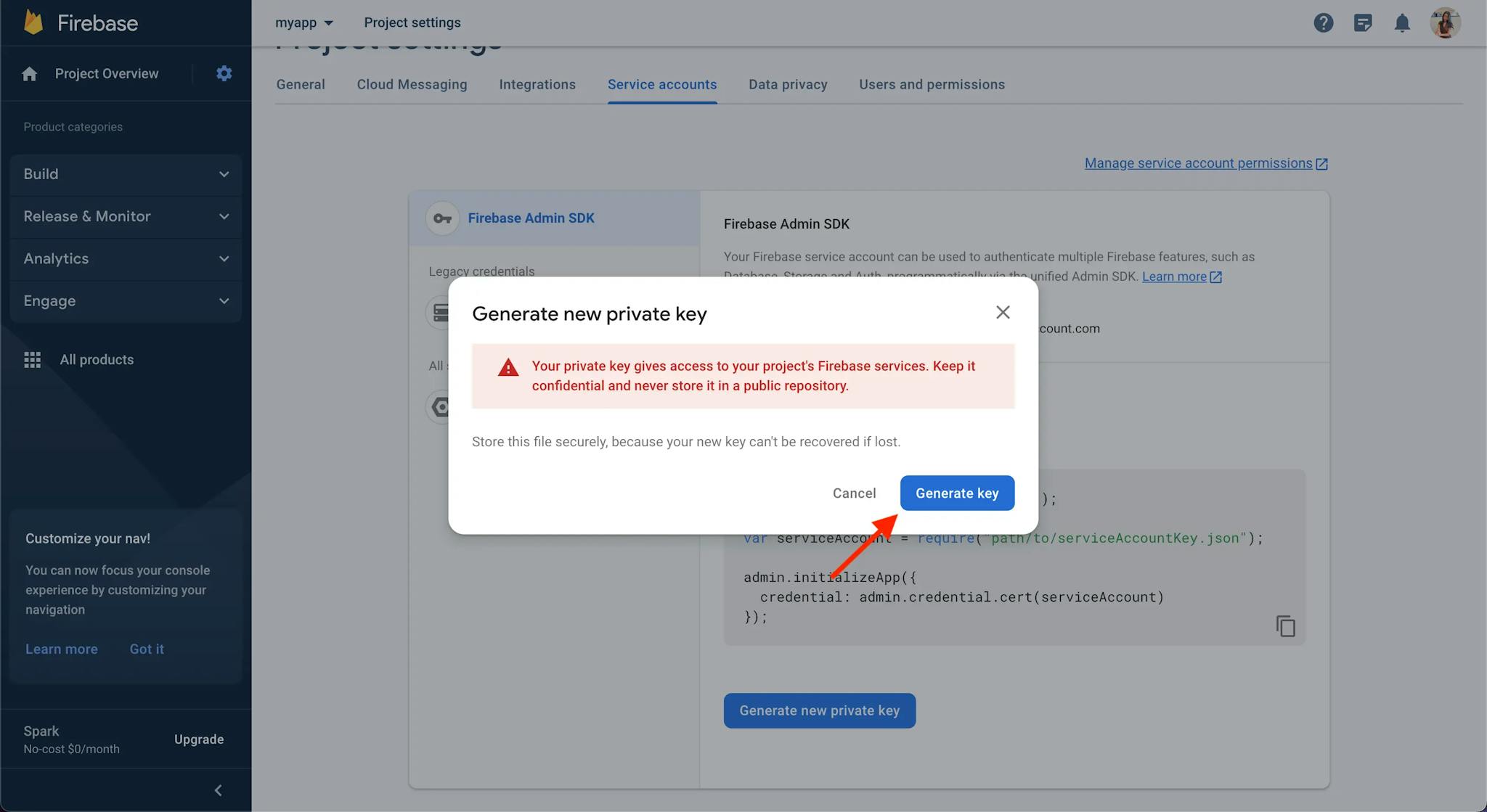 The 'Generate new private key' modal in the Firebase console. A red arrow points to the 'Generate key' button.
