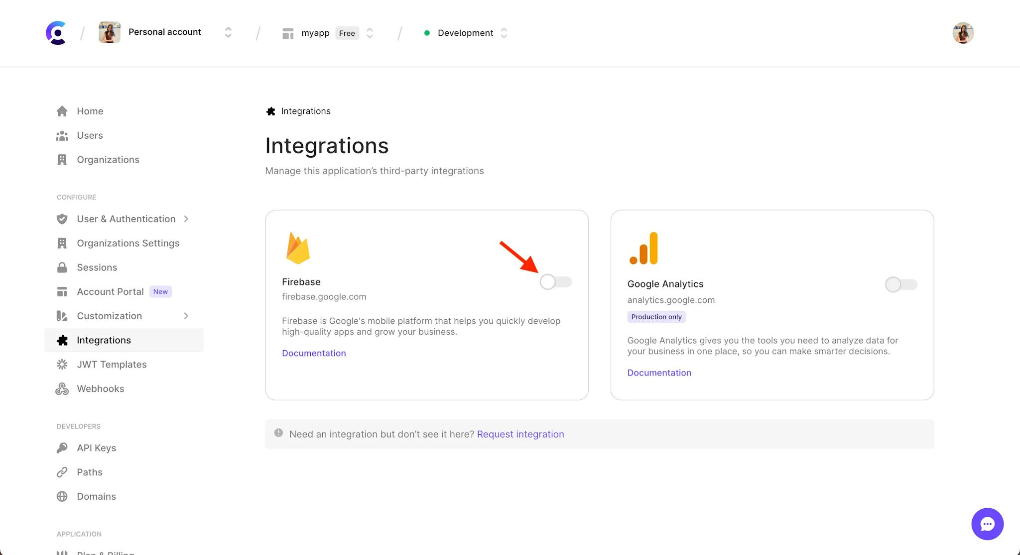 The Integrations page in the Clerk Dashboard. A red arrow points to the toggle next to 'Firebase'.