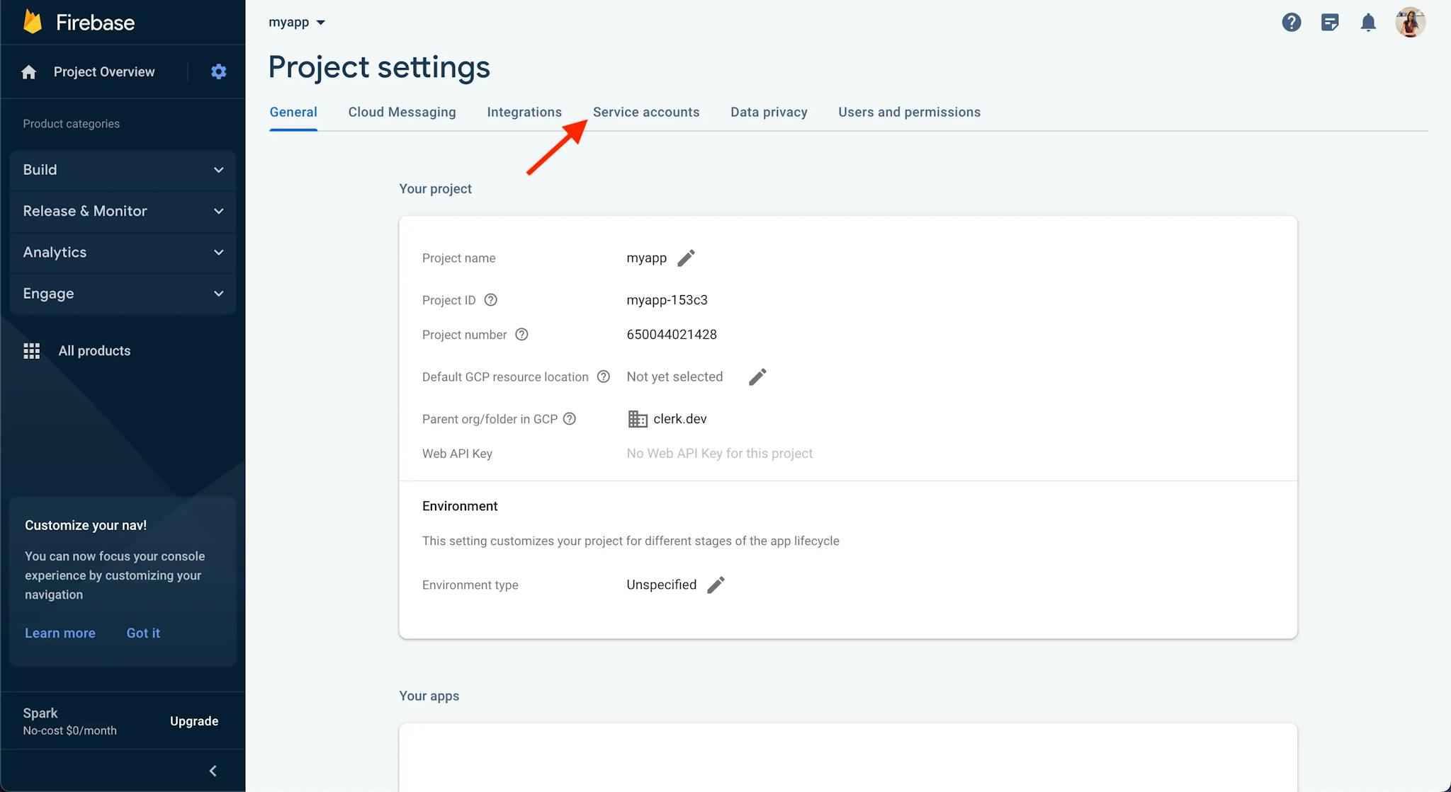 The 'Project settings' page in the Firebase console. A red arrow points to the 'Service Accounts' tab.
