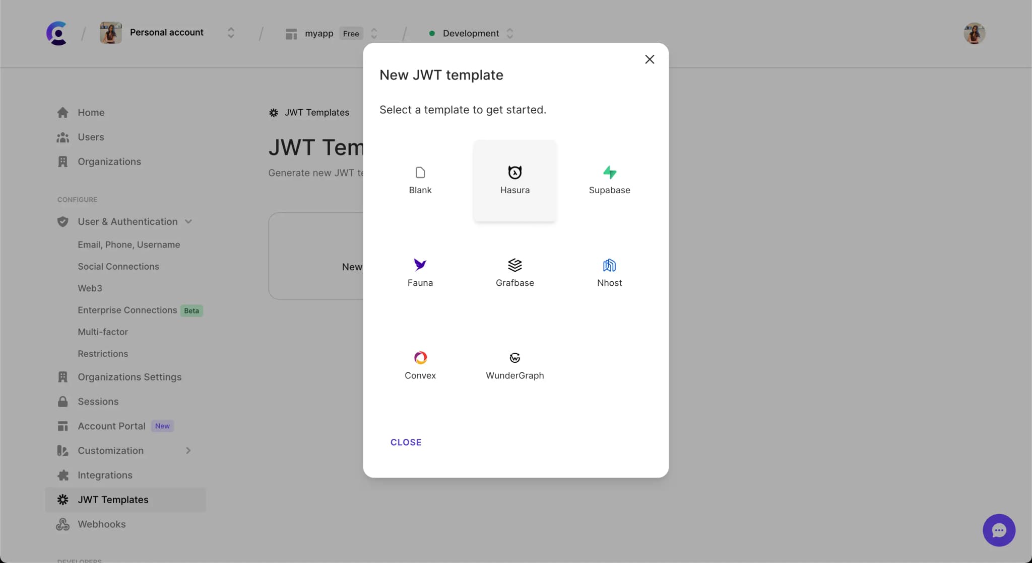 The JWT Templates page in the Clerk Dashboard. The 'New template' button was clicked, and a pop up titled 'New JWT template' is shown. The 'Hasura' template is hovered over.