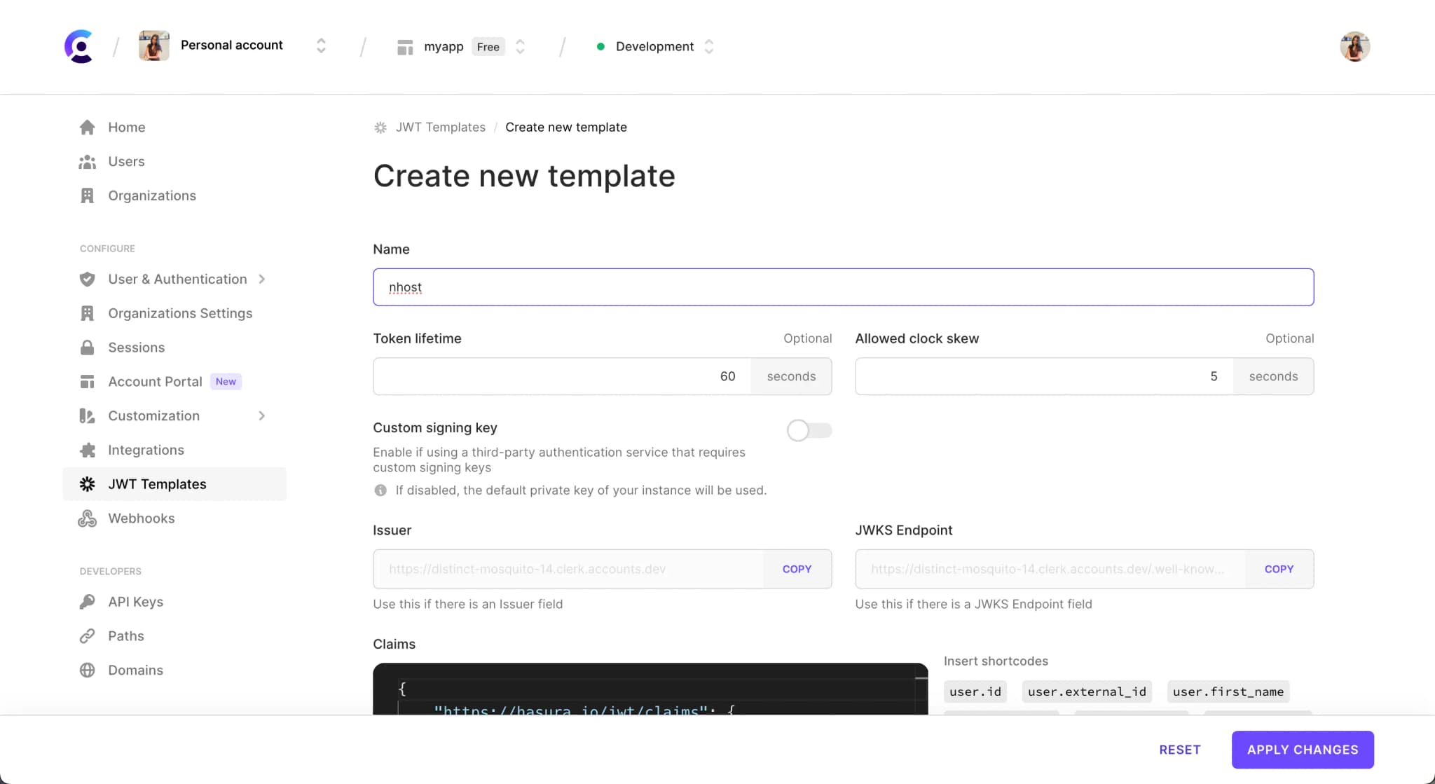 The 'Create new template' page of the JWT Templates page in the Clerk Dashboard.