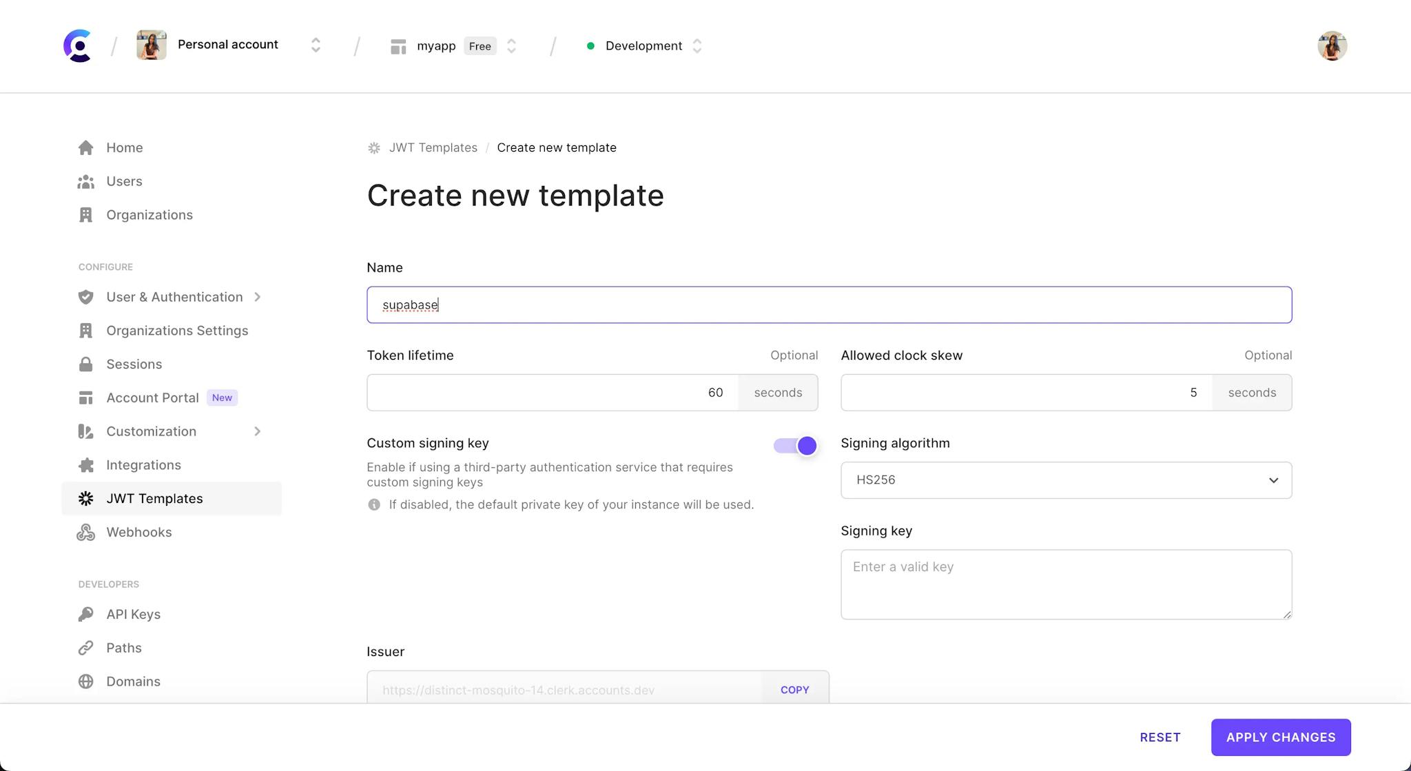 The 'Create new template' page of the JWT Templates page in the Clerk Dashboard.