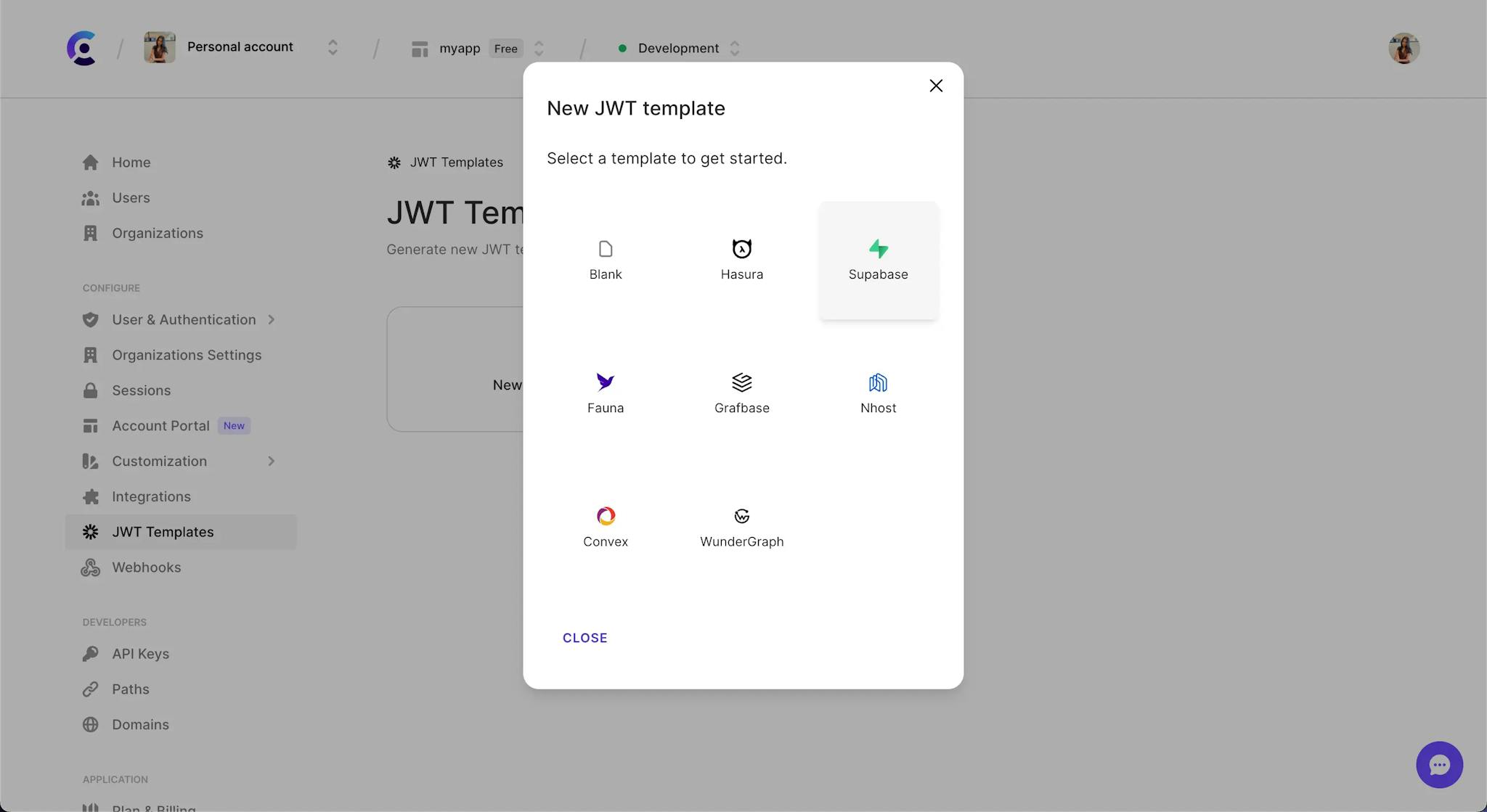 The JWT Templates page in the Clerk Dashboard. The 'New template' button was clicked, and a pop up titled 'New JWT template' is shown. The 'Supabase' template is hovered over.