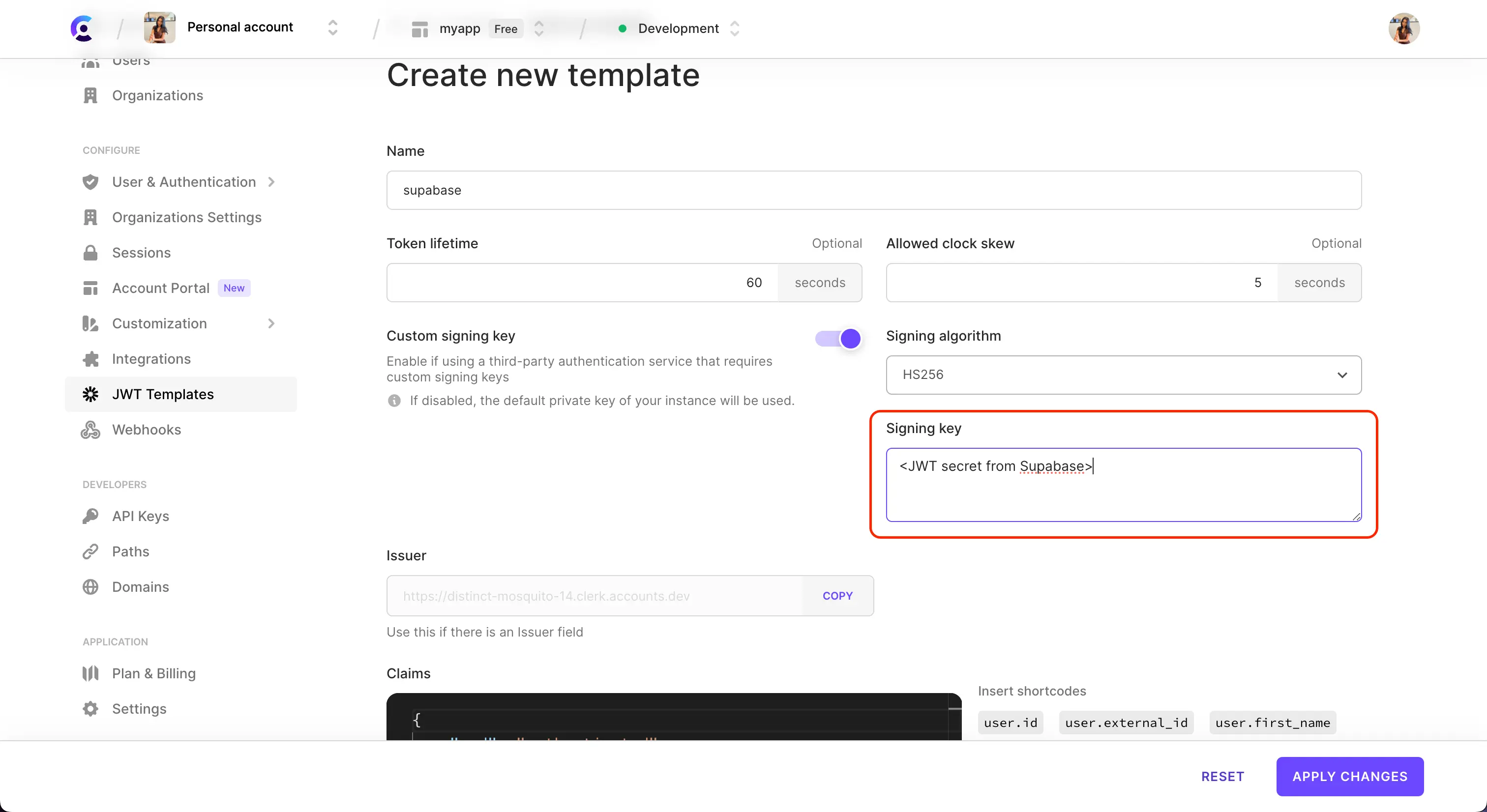 The Supabase JWT template in the Clerk Dashboard. A red box is surrounding the 'Signing Key' section.