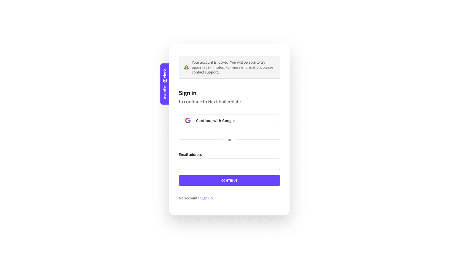 The Clerk component login form with a red alert stating 'Your account is locked. You will be able to try again in 59 minutes. For more information, please contact support.'